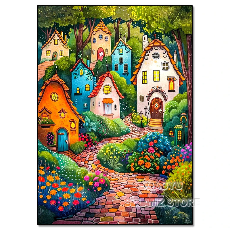 Diamond Painting Cartoon Fairy Tale World Colorful Castle Town Scenery 5D Full Round DIY Diamond Mosaic Embroidery Cross Stitch