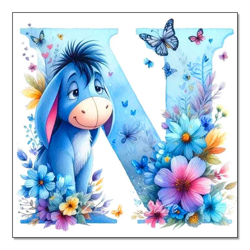 5D DIY Full Round Diamond Painting Letter Series Eeyore Donkey and Flowers Mosaic Art Kit Room Home Living Room Decoration