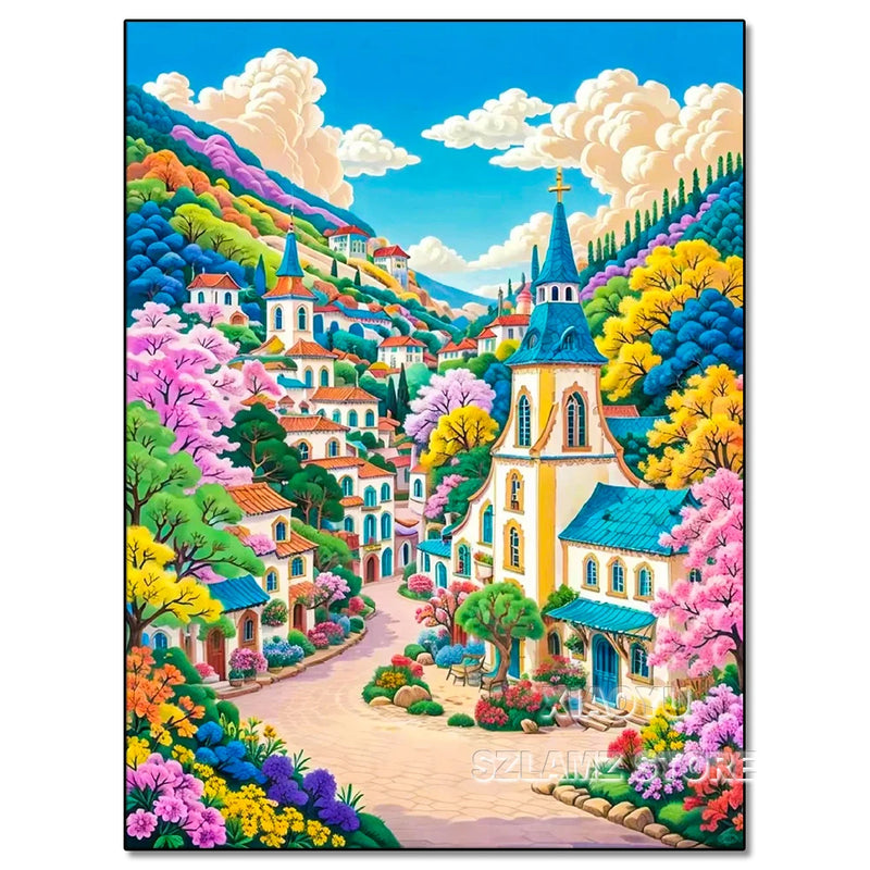 Diamond Painting Cartoon Fairy Tale World Colorful Castle Town Scenery 5D Full Round DIY Diamond Mosaic Embroidery Cross Stitch