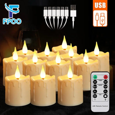 FPOO Led Candle With USB Rechargeable Candles Remote For Party Home Decoration Flickering Waterproof Electronic Tealight Candles