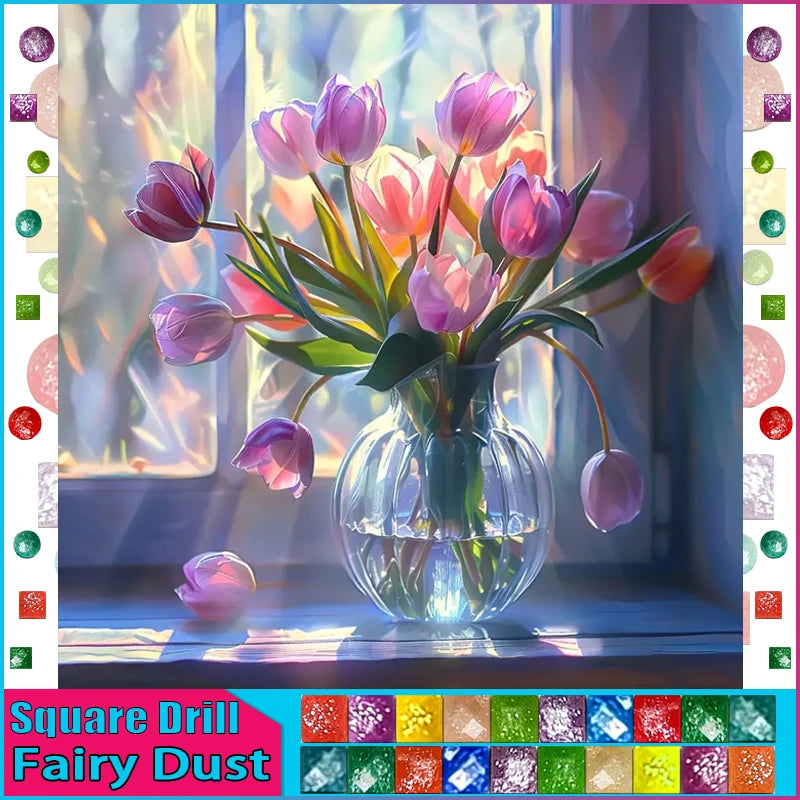 HOMFUN Fairy Dust AB Diamond Painting Full Square/Round Diamond "Flower Tulip" Pattern Embroidery 5D Rhinestone Painting