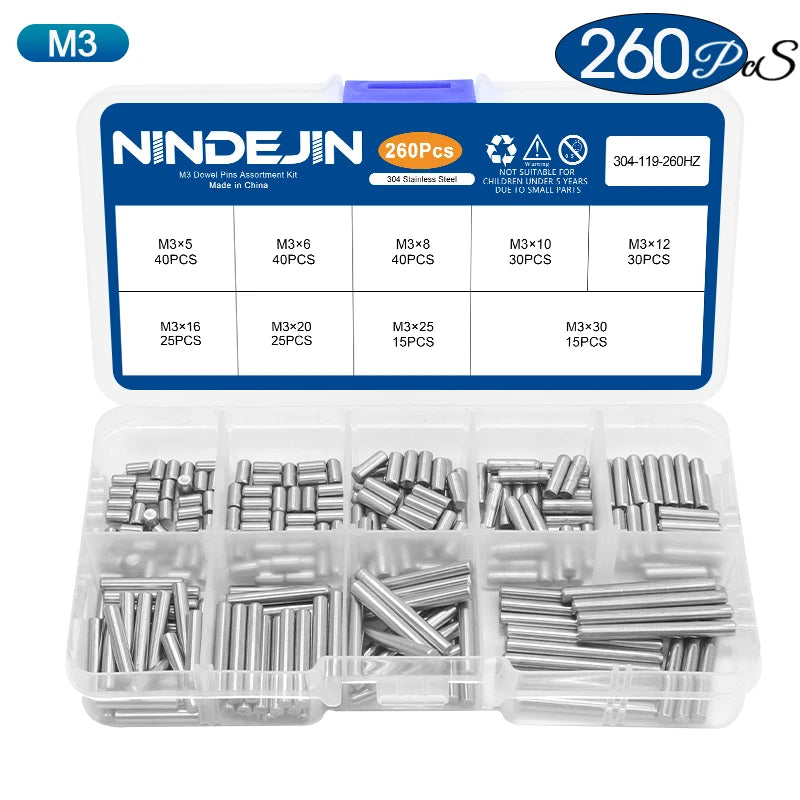 NINDEJIN Dowel Pin Assortment Kit M2 M2.5 M3 M4 M5 M6 Stainless Steel Dowel Pin Shelf Support Peg Pin Rod Fasten Elements Set