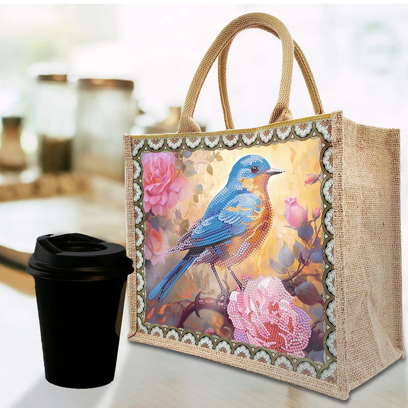 Diamond Painting Tote Bag Diamond Painting Grocery Bags Replaceable Canvas Linen Cat Flowers and Bird Elk for Women Adults Craft